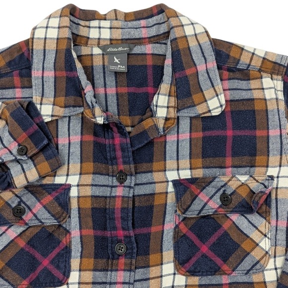 Eddie Bauer Tops - Eddie Bauer Women's PM Plaid Flannel Button Down Shirt Long Sleeve Navy Brown